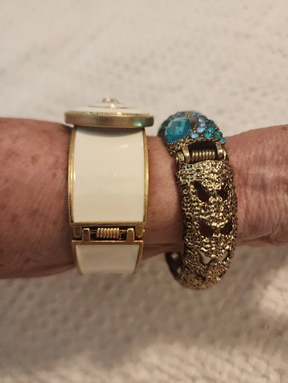 Pair Of Vintage Statement Clamper Bracelets Cream/Gold & Teal With Rhinestones